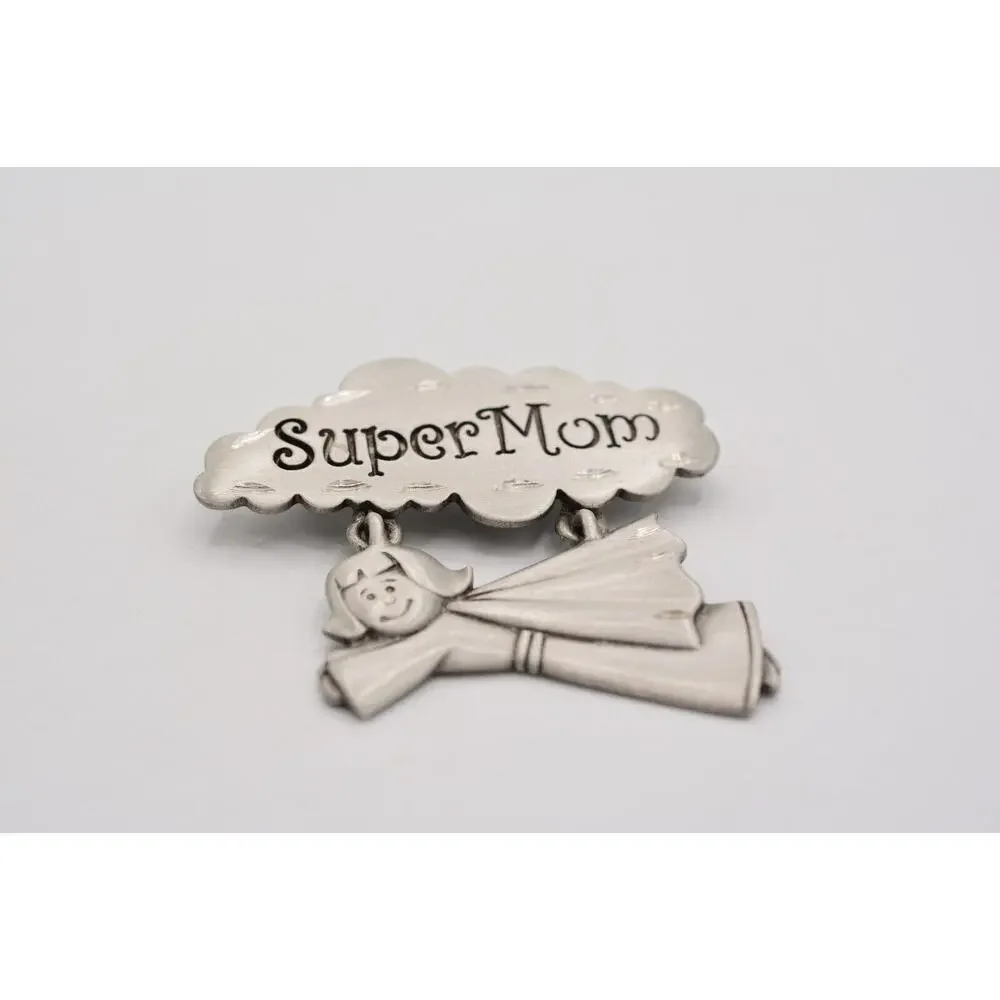 Spoontiques Vintage Mother's Day Pin Brooch SUPER MOM Hero Signed 80s BinAL